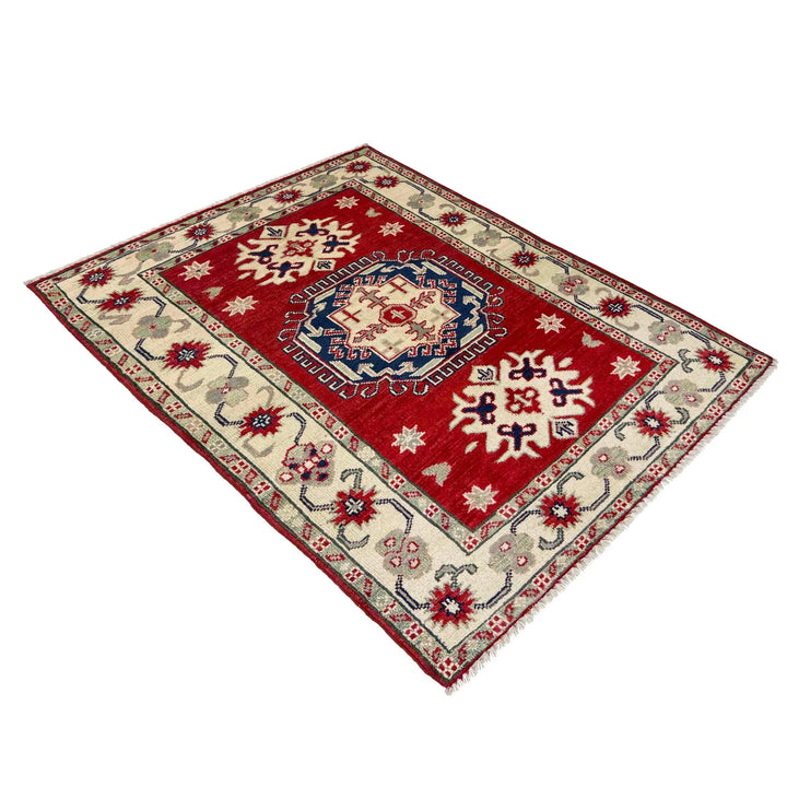 Red Afghan Kazak Rug 2' 8" x 3' 10" Hand-Knotted | No. AL10725