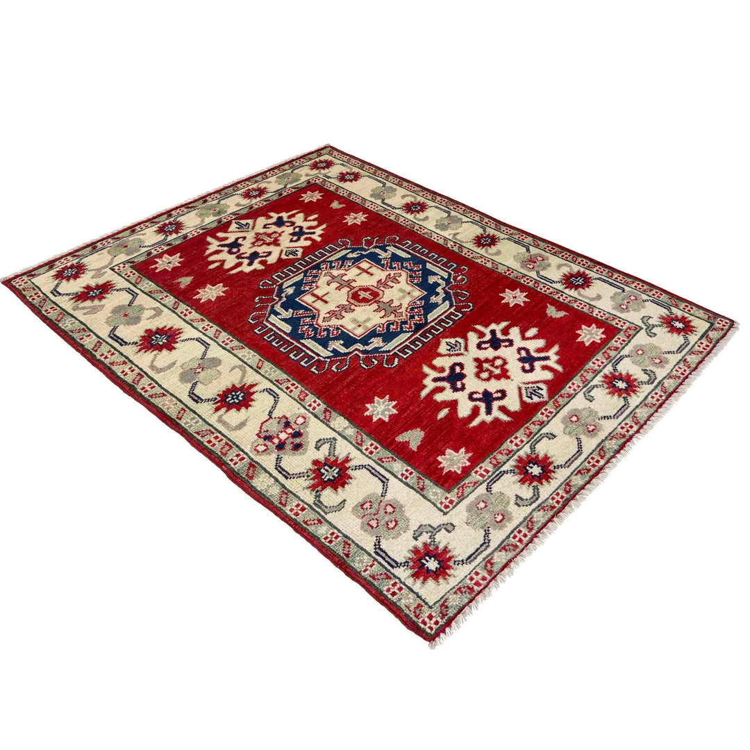 Red Afghan Kazak Rug 2' 8" x 3' 10" Hand-Knotted | No. AL10725