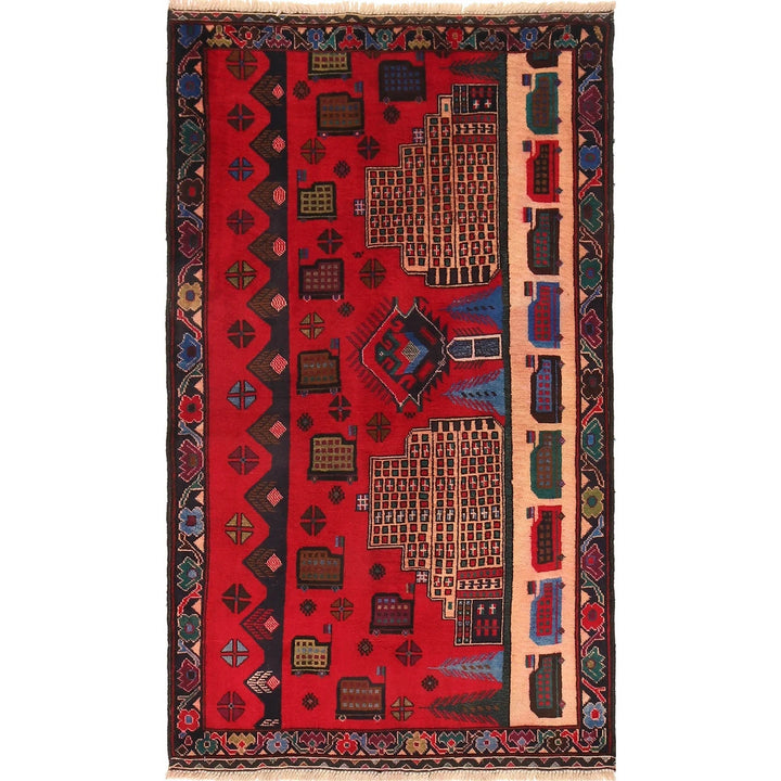 Red Afghan Pictorial Rug 3' 0" x 5' 0" Hand-Knotted | No. AL10735