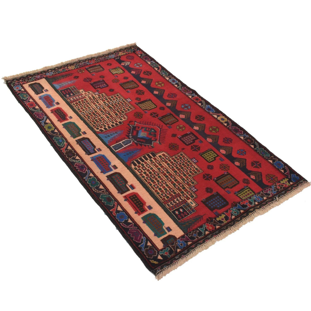 Red Afghan Pictorial Rug 3' 0" x 5' 0" Hand-Knotted | No. AL10735