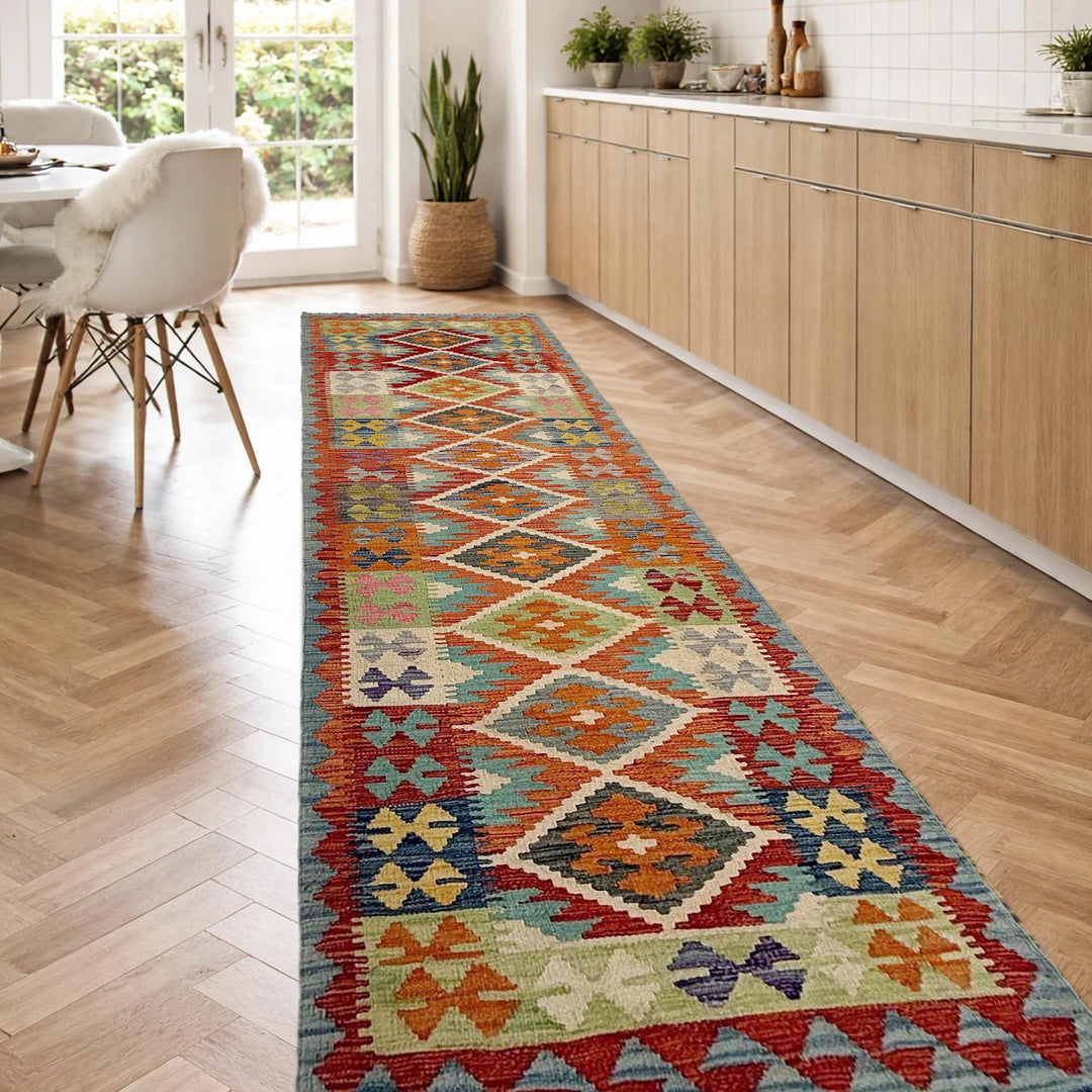 Afghan Vegetable Kilim Rug 2' 11" x 9' 5" Flat-Weave | No. AL107543