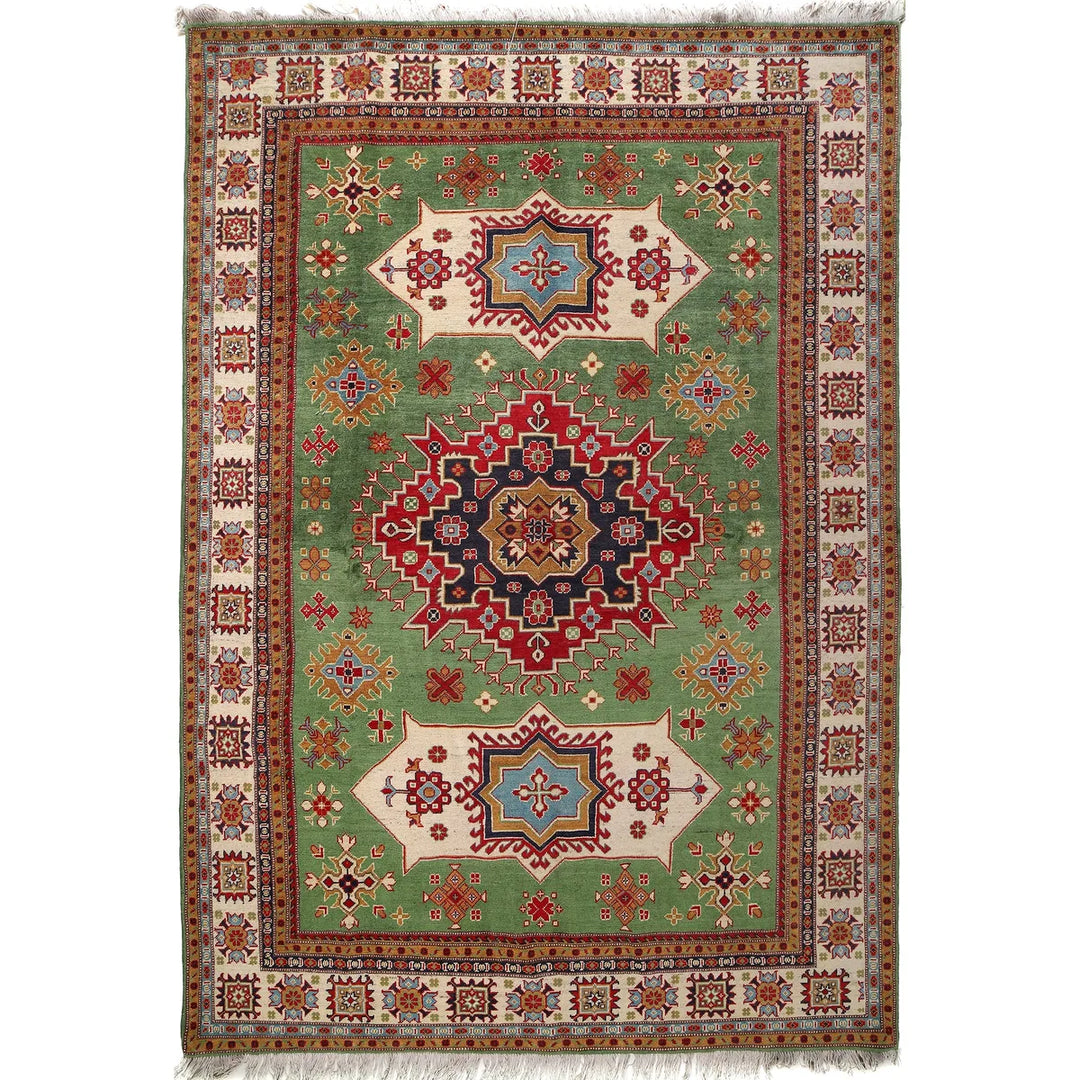 Green Afghan Kazak Rug 6' 2" x 9' 5" Hand-Knotted | No. AL10762