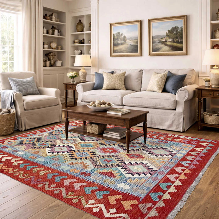 Afghan Vegetable Kilim Rug 5' 1" x 6' 8" Flat-Weave | No. AL10841