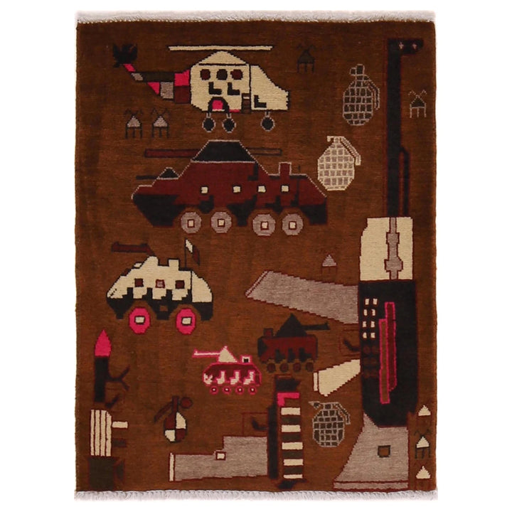 Brown Afghan War Rug 2' 1" x 2' 10" Hand-Knotted | No. AL10847