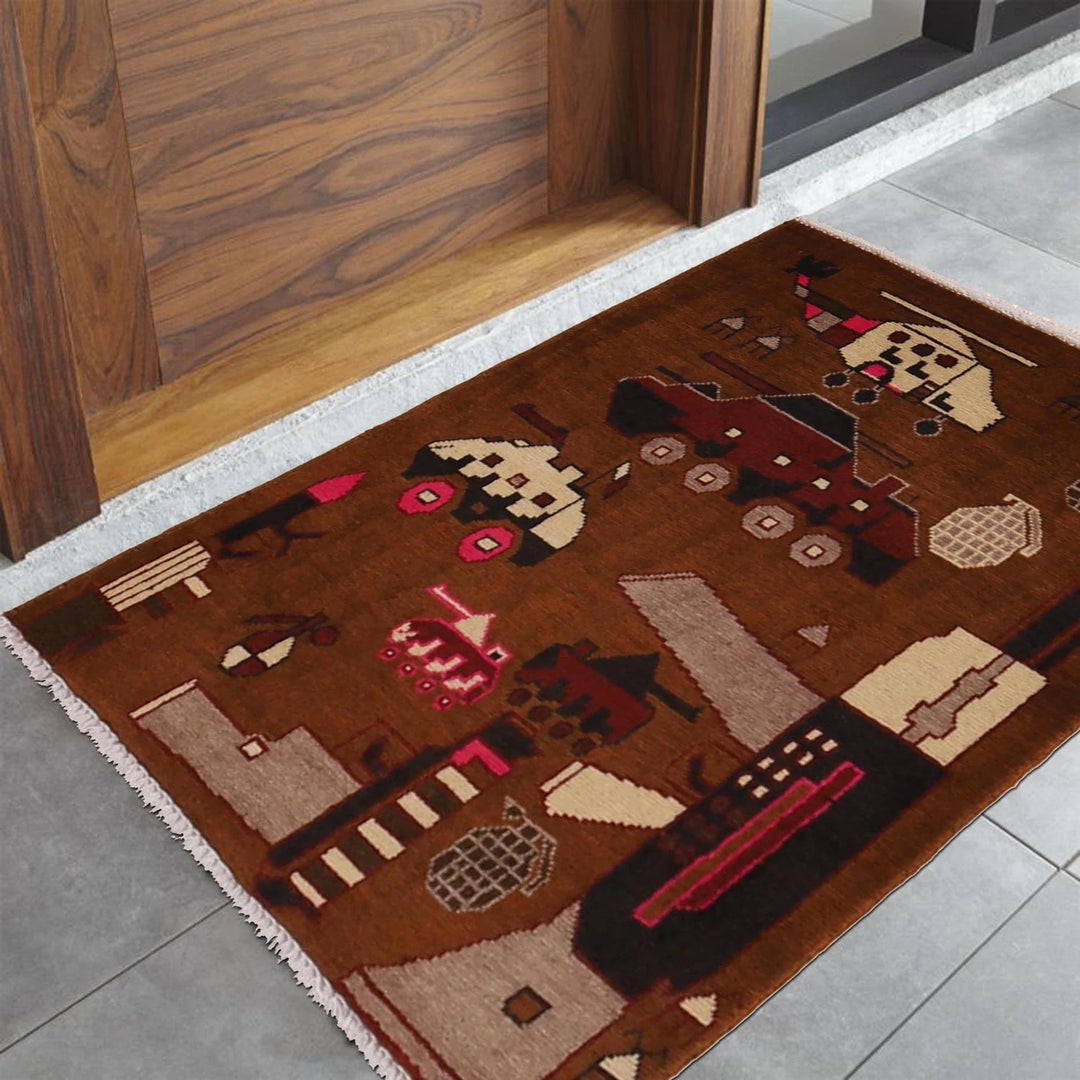 Brown Afghan War Rug 2' 1" x 2' 10" Hand-Knotted | No. AL10847