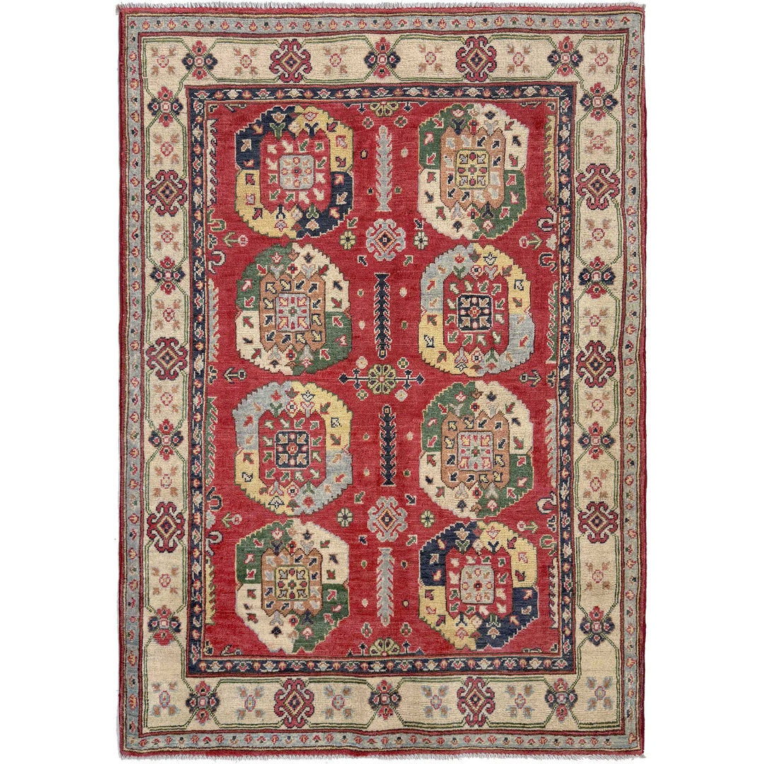 Red Afghan Kazak Rug 4' 0" x 5' 10" Hand-Knotted | No. AL10889