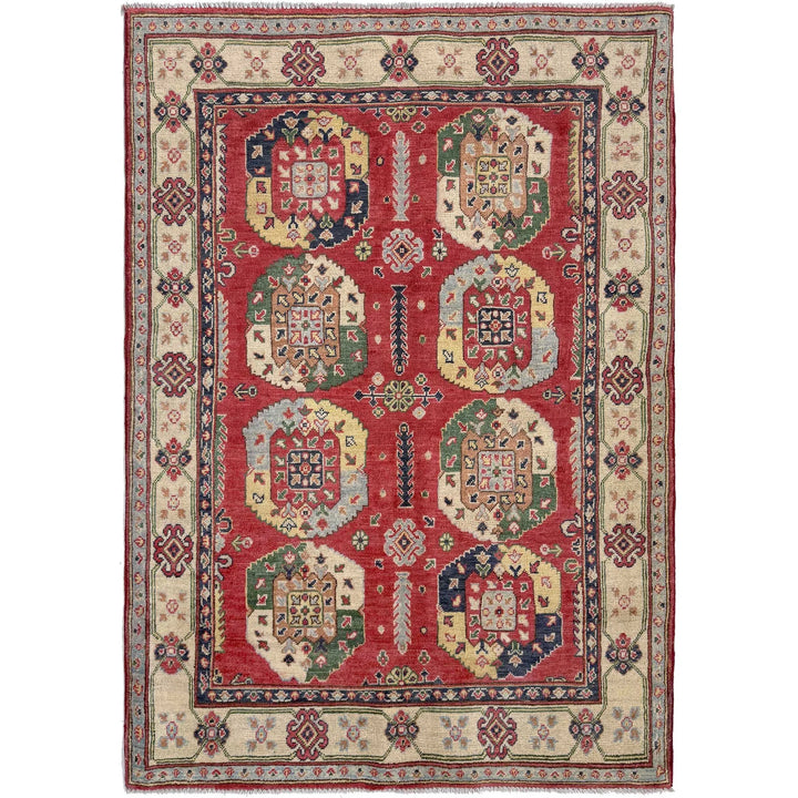 Red Afghan Kazak Rug 4' 0" x 5' 10" Hand-Knotted | No. AL10889