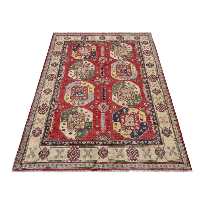 Red Afghan Kazak Rug 4' 0" x 5' 10" Hand-Knotted | No. AL10889