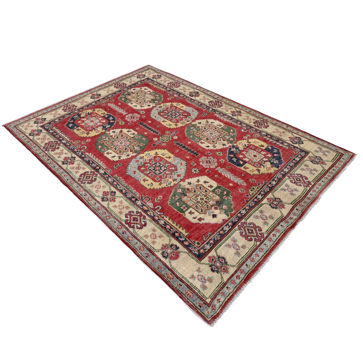 Red Afghan Kazak Rug 4' 0" x 5' 10" Hand-Knotted | No. AL10889