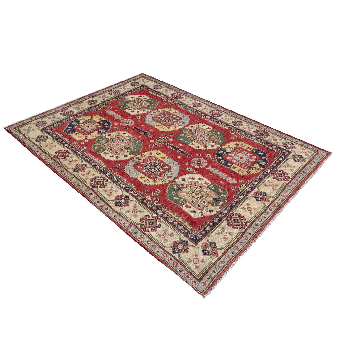 Red Afghan Kazak Rug 4' 0" x 5' 10" Hand-Knotted | No. AL10889