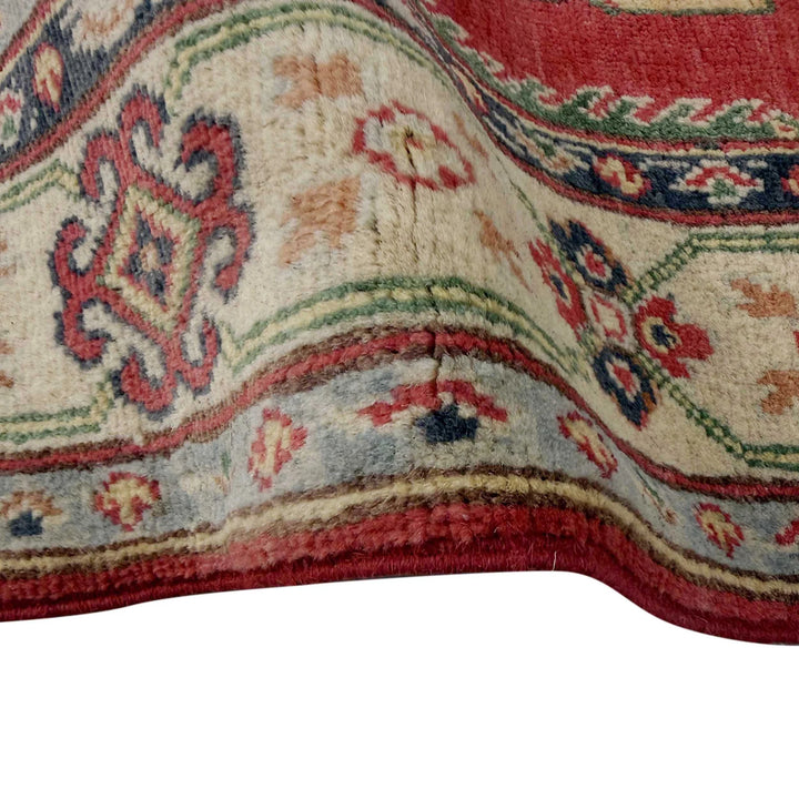 Red Afghan Kazak Rug 4' 0" x 5' 10" Hand-Knotted | No. AL10889