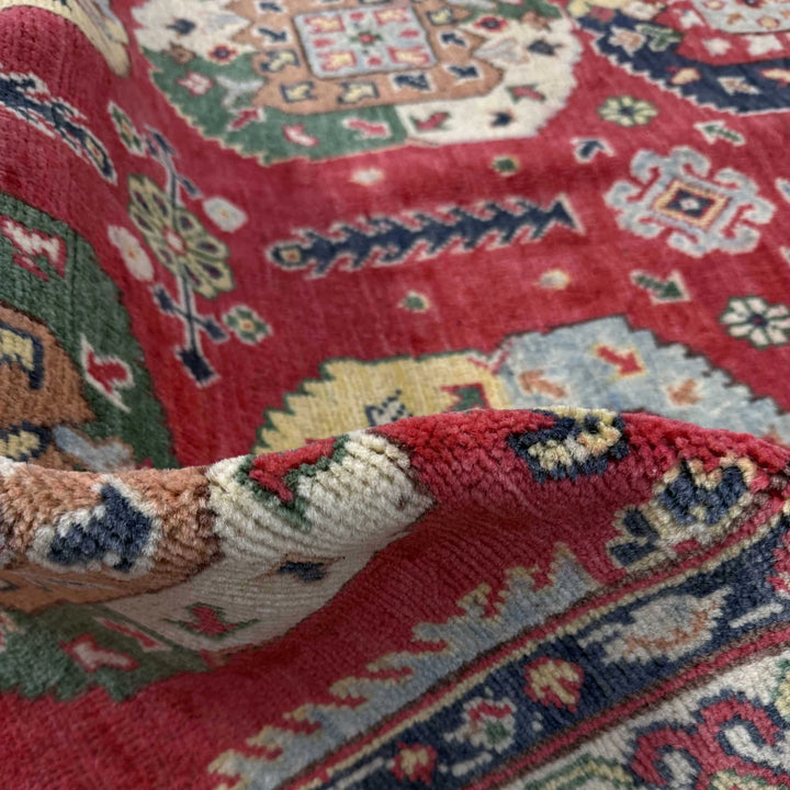 Red Afghan Kazak Rug 4' 0" x 5' 10" Hand-Knotted | No. AL10889