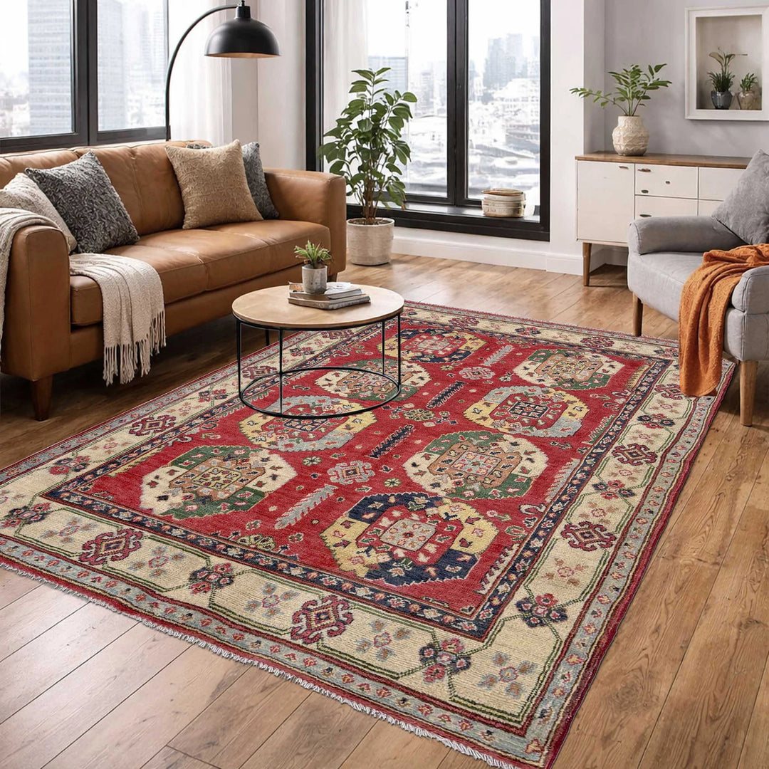 Red Afghan Kazak Rug 4' 0" x 5' 10" Hand-Knotted | No. AL10889