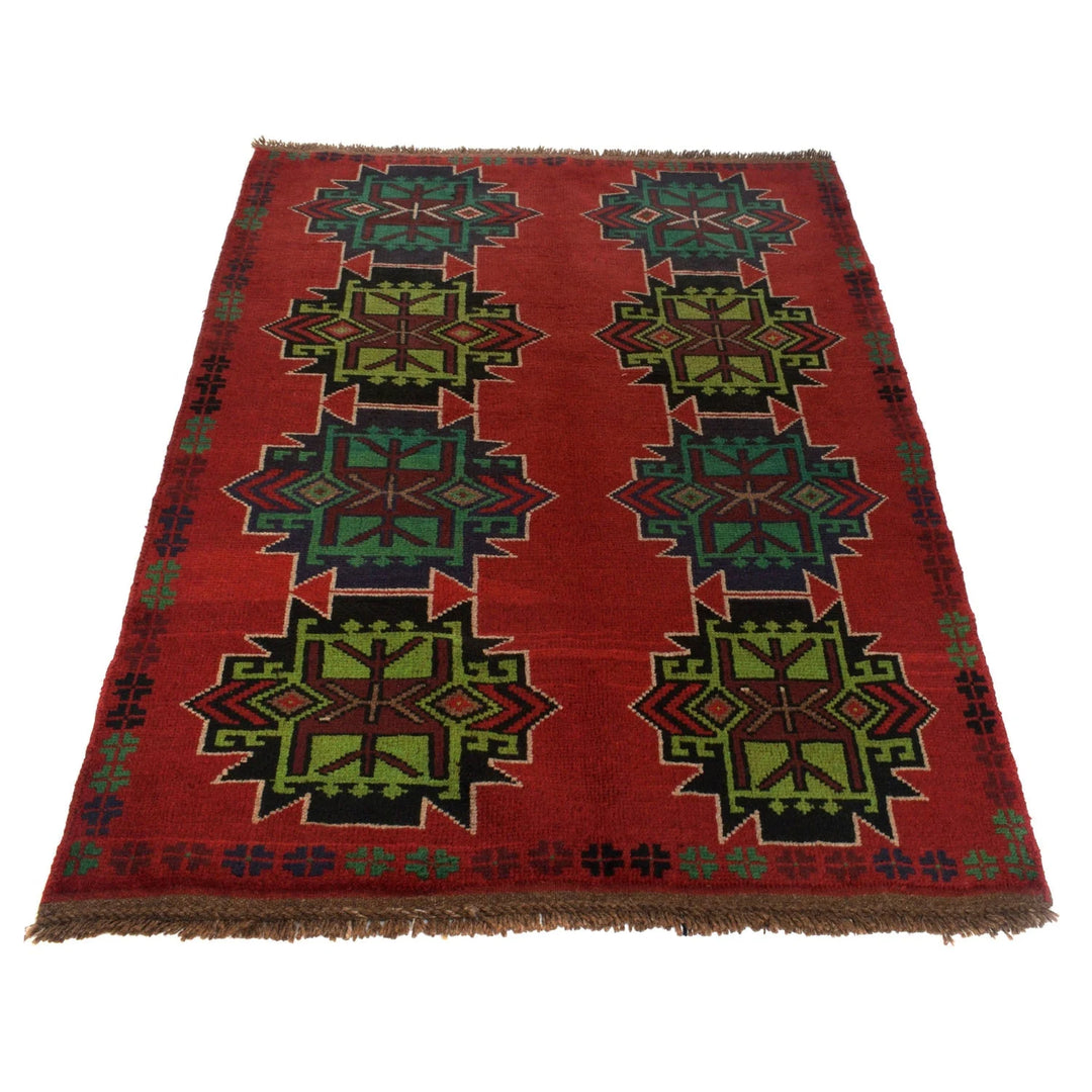 Red Afghan Baluchi Rug 4' 2" x 6' 8" Hand-Knotted | No. AL10939