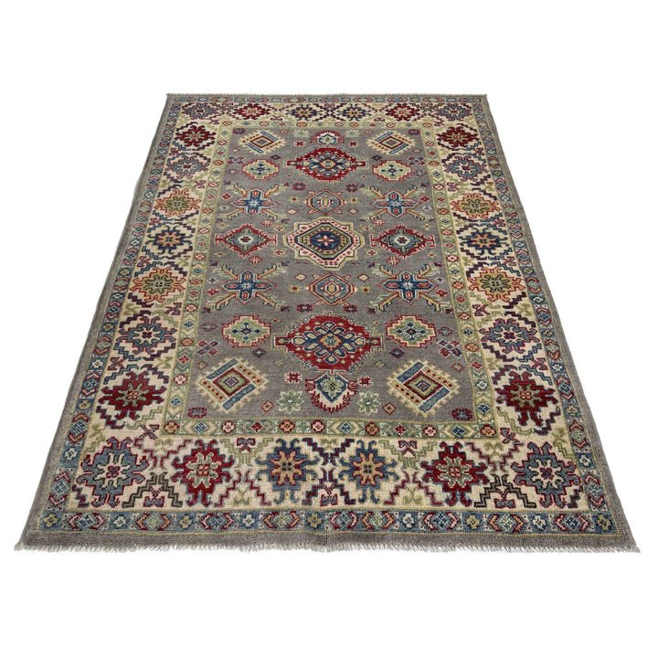 Gray Afghan Kazak Rug 3' 11" x 5' 10" Hand-Knotted | No. AL10957