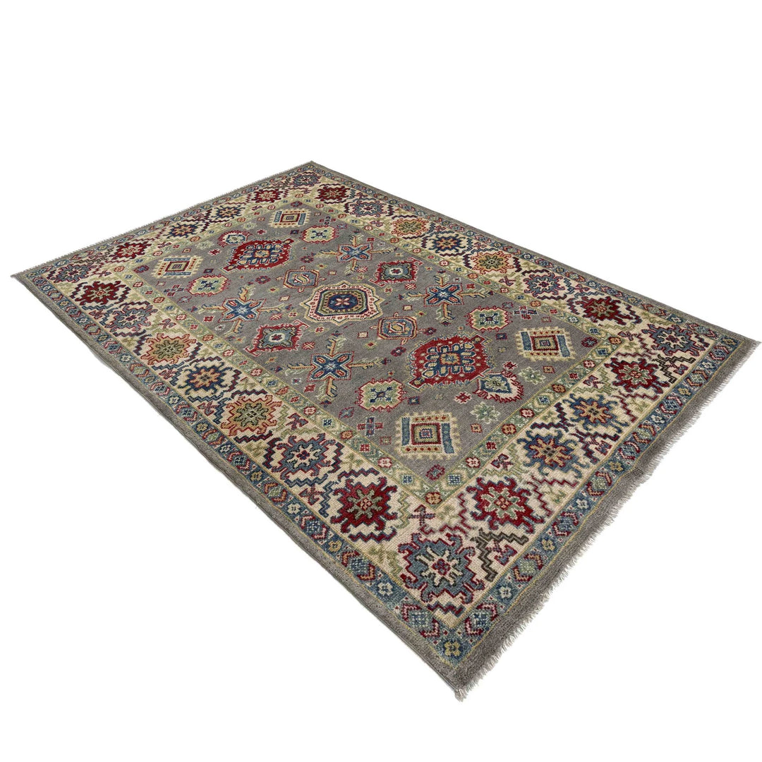Gray Afghan Kazak Rug 3' 11" x 5' 10" Hand-Knotted | No. AL10957