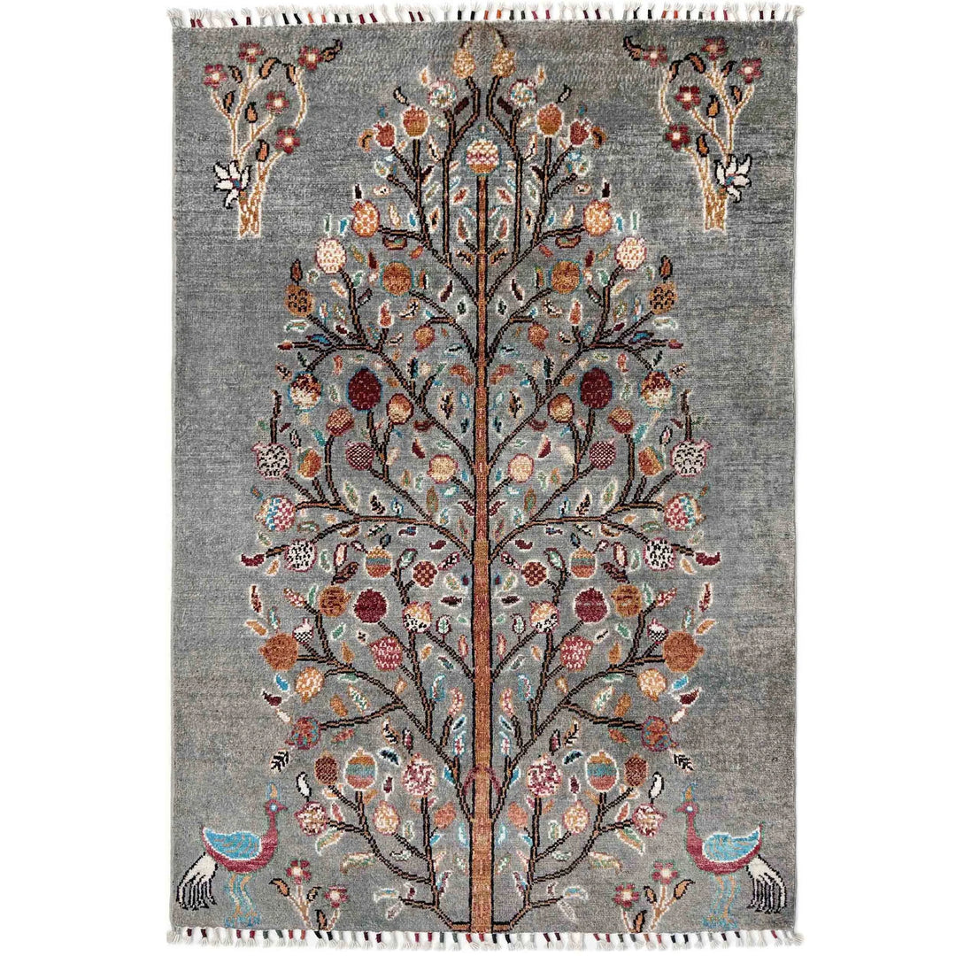 Gray Afghan Tree Of Life Rug 3' 3" x 4' 6" Hand-Knotted | No. AL11053