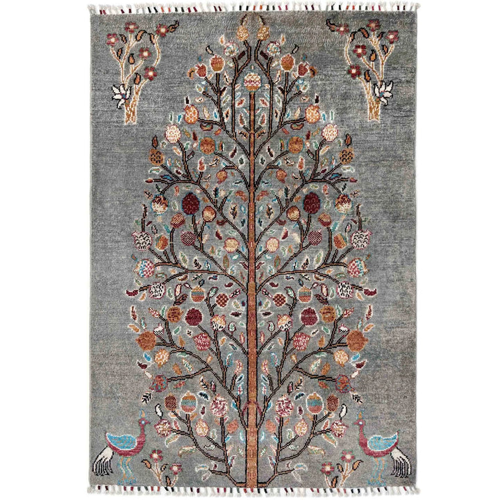 Gray Afghan Tree Of Life Rug 3' 3" x 4' 6" Hand-Knotted | No. AL11053