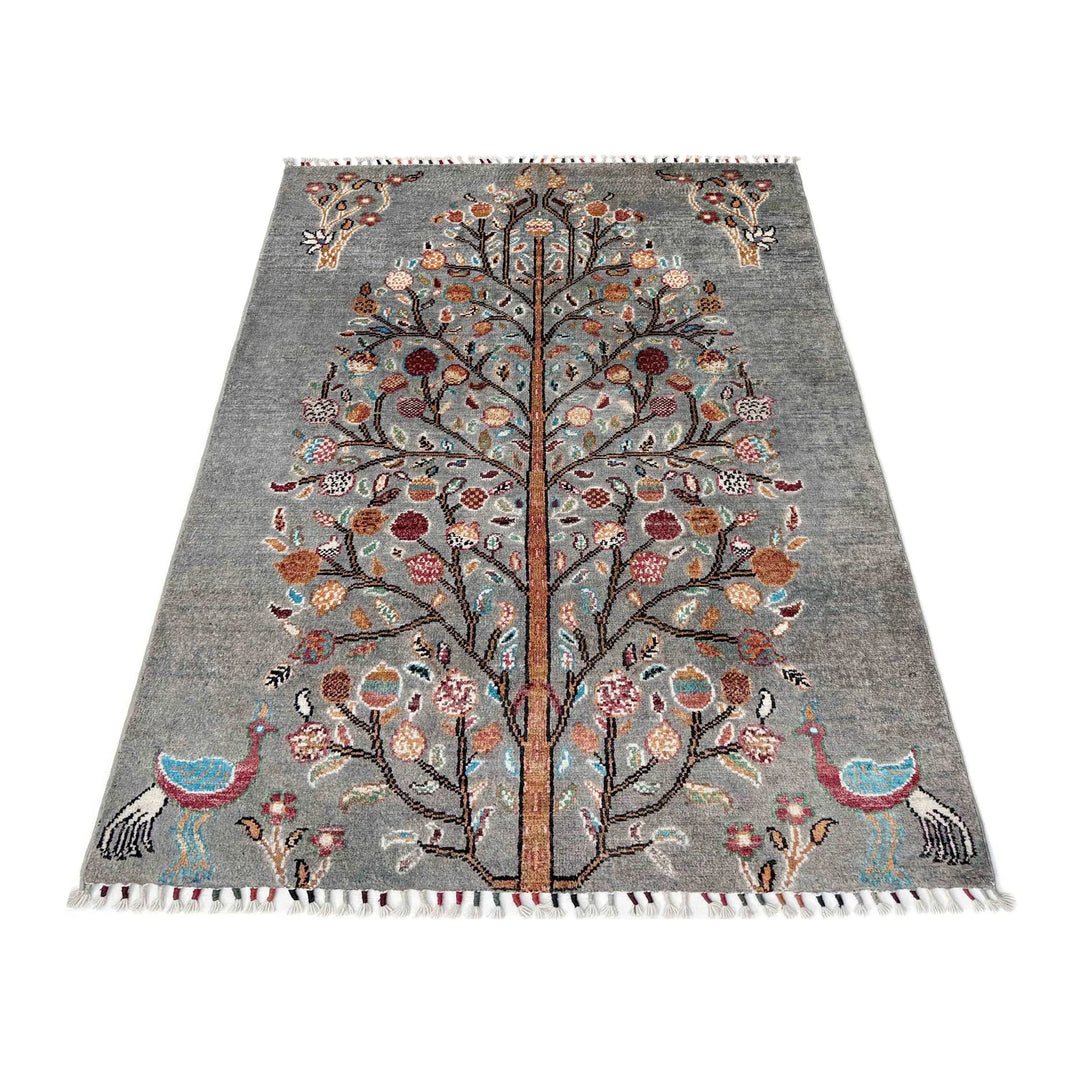 Gray Afghan Tree Of Life Rug 3' 3" x 4' 6" Hand-Knotted | No. AL11053