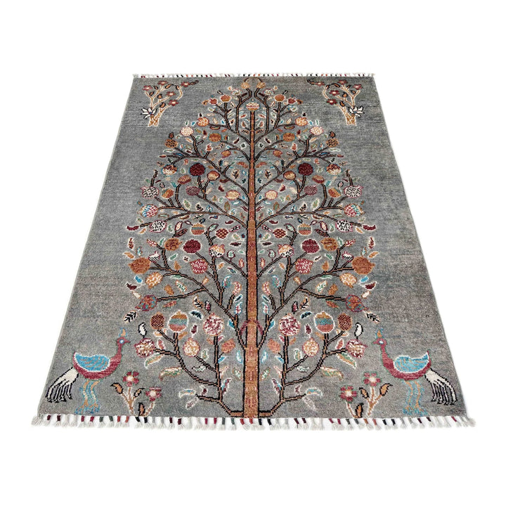 Gray Afghan Tree Of Life Rug 3' 3" x 4' 6" Hand-Knotted | No. AL11053