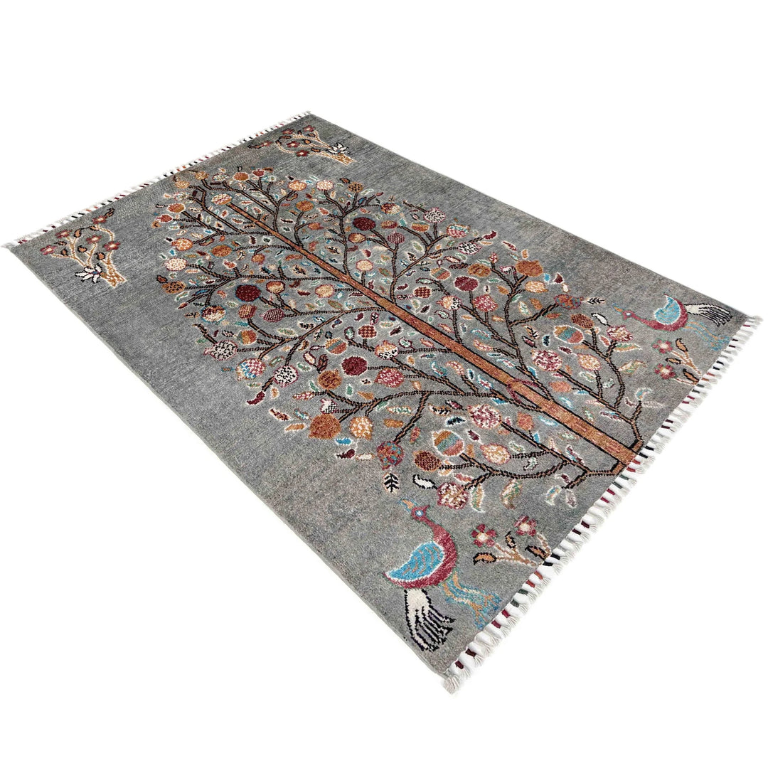 Gray Afghan Tree Of Life Rug 3' 3" x 4' 6" Hand-Knotted | No. AL11053