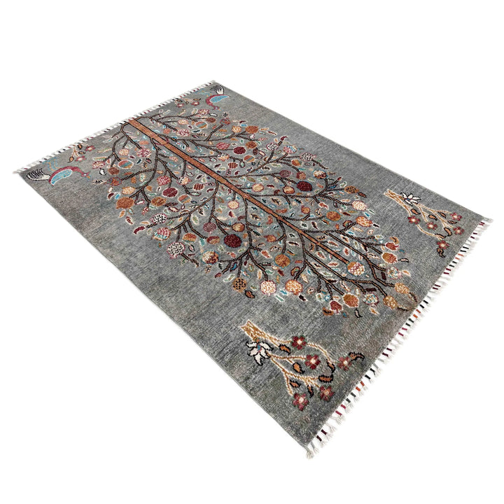 Gray Afghan Tree Of Life Rug 3' 3" x 4' 6" Hand-Knotted | No. AL11053