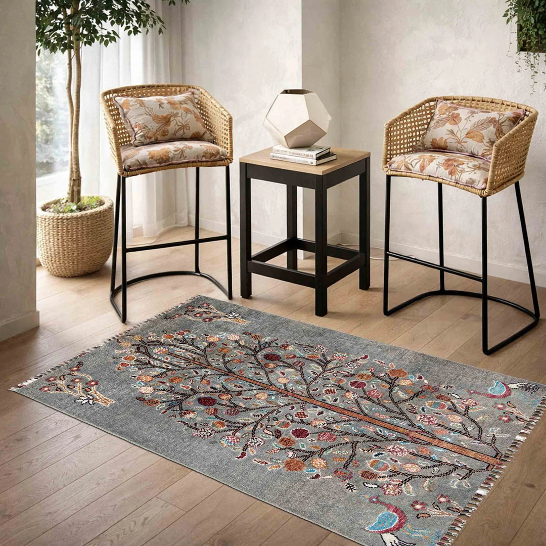 Gray Afghan Tree Of Life Rug 3' 3" x 4' 6" Hand-Knotted | No. AL11053