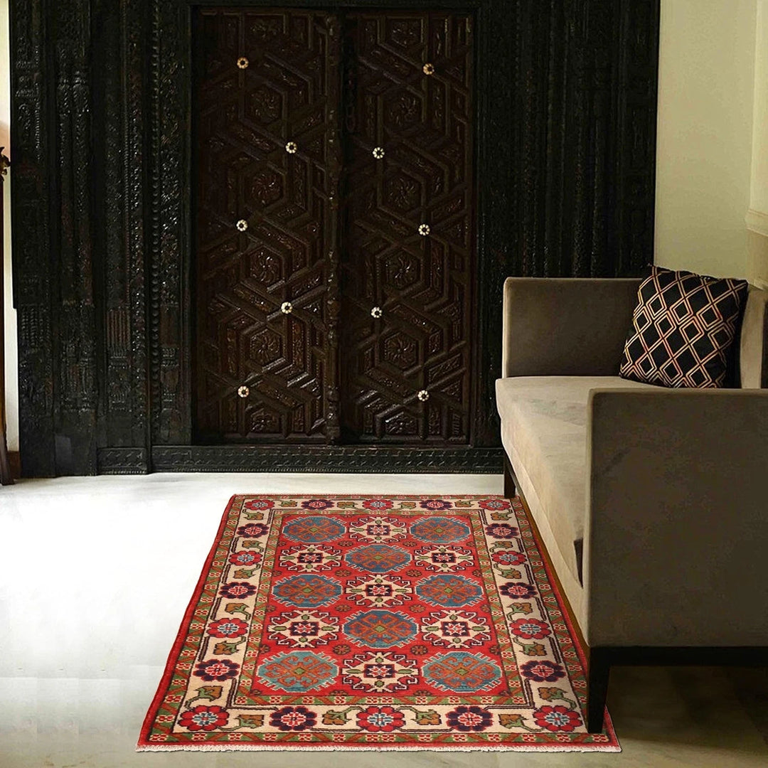 Red Afghan Kazak Rug 2' 8" x 4' 1" Hand-Knotted | No. AL11065