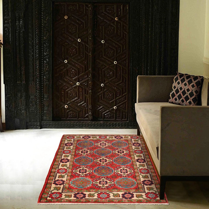Red Afghan Kazak Rug 2' 8" x 4' 1" Hand-Knotted | No. AL11065