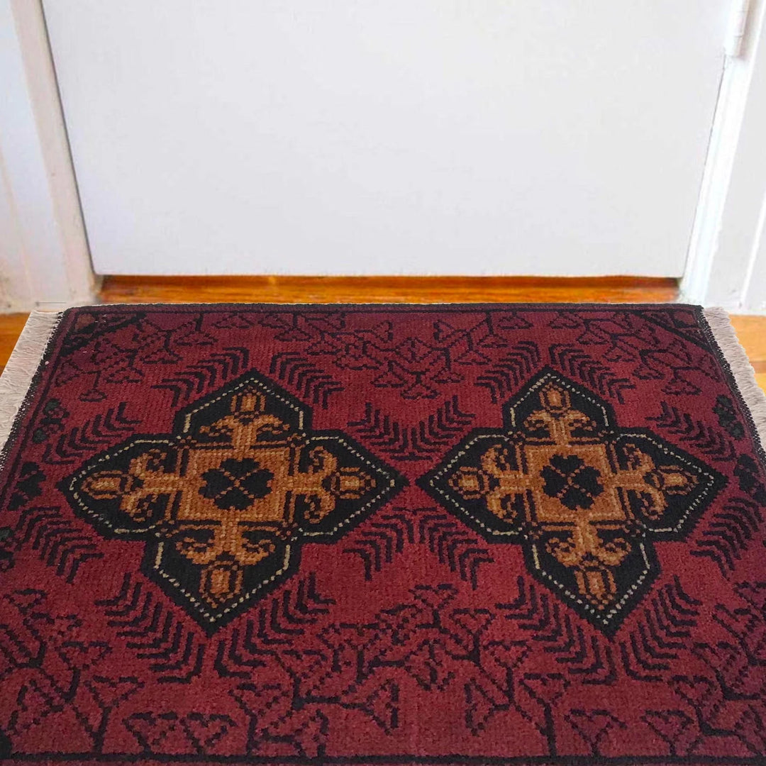Red Afghan Oriental Doormat 1' 5" x 2' 1" Hand-Knotted | No. AL11337