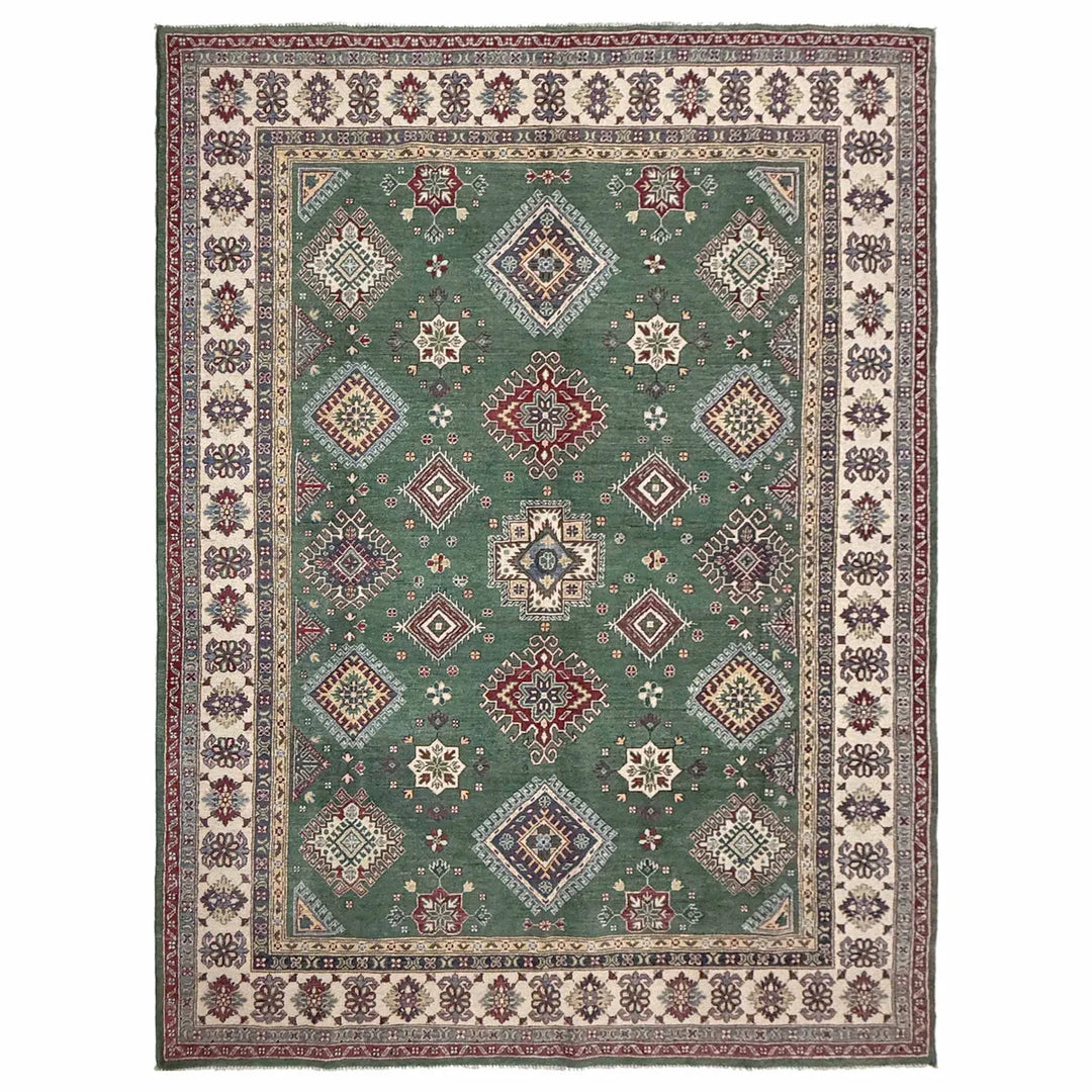 Green Afghan Kazak Rug 6' 9" x 10' 0" Hand-Knotted | No. AL11465