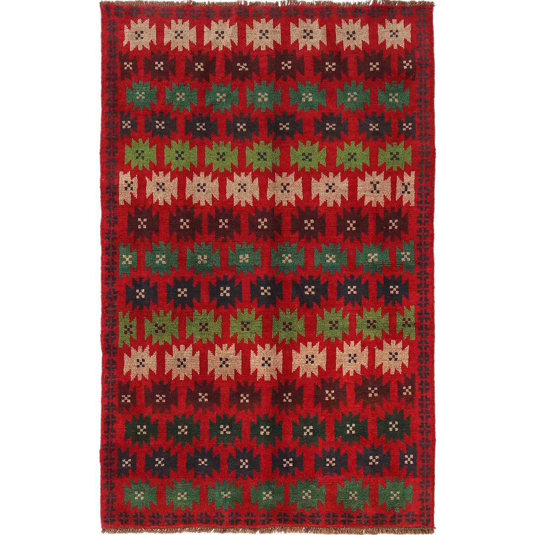 Red Afghan Baluchi Rug 4' 1" x 6' 6" Hand-Knotted | No. AL11650