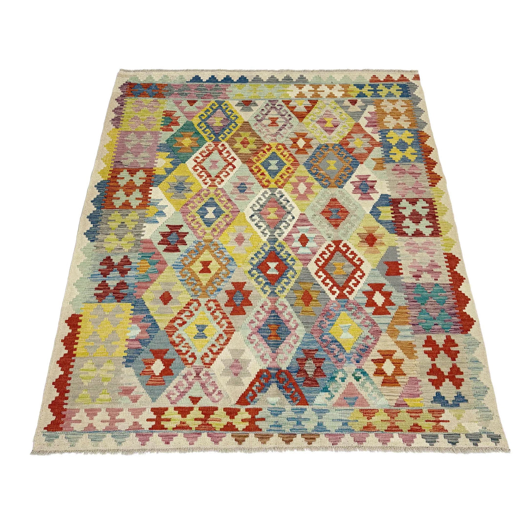 Afghan Vegetable Kilim Rug 5'1" x 6'6" Flat-Weave | No. AL116534