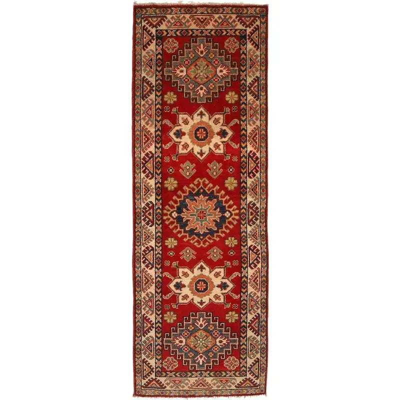 Red Afghan Kazak Rug 2' 0" x 6' 0" Hand-Knotted | No. AL11672
