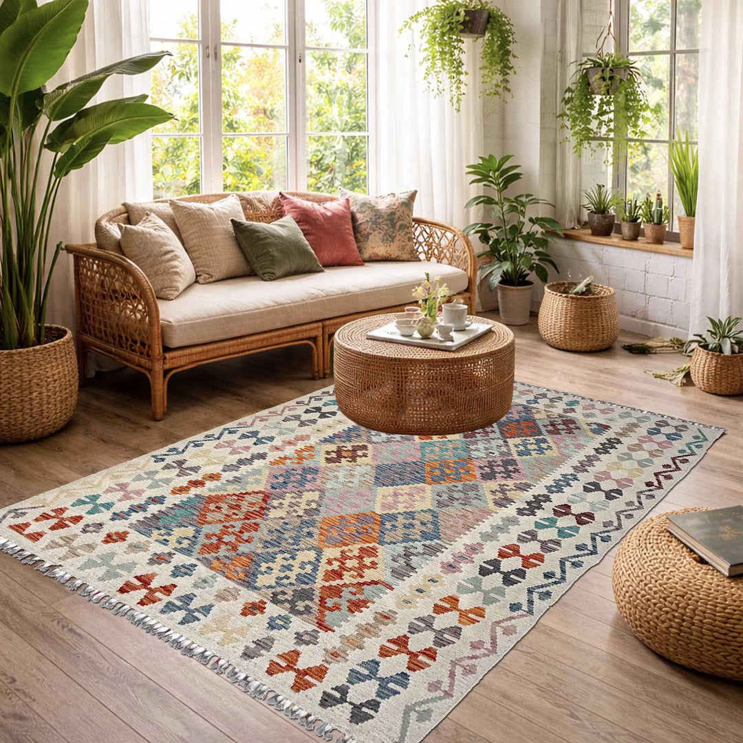Afghan Vegetable Kilim Rug 5'1" x 6'8" Flat-Weave | No. AL11683