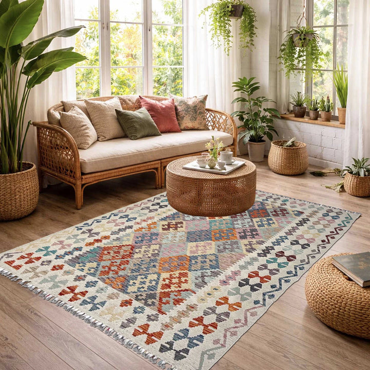 Afghan Vegetable Kilim Rug 5'1" x 6'8" Flat-Weave | No. AL11683