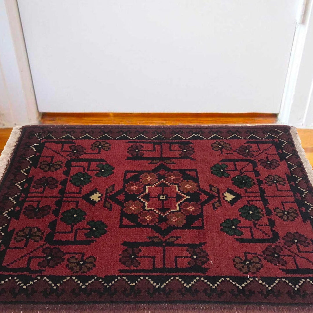 Red Afghan Oriental Doormat 1' 4" x 1' 11" Hand-Knotted | No. AL11725