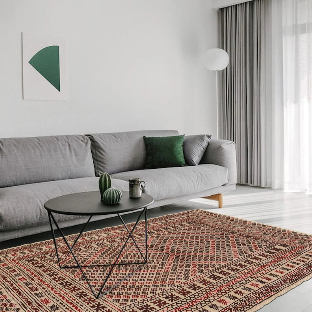 White Afghan Soumak Rug 4' 2" x 6' 5" Flat-Weave | No. AL11810