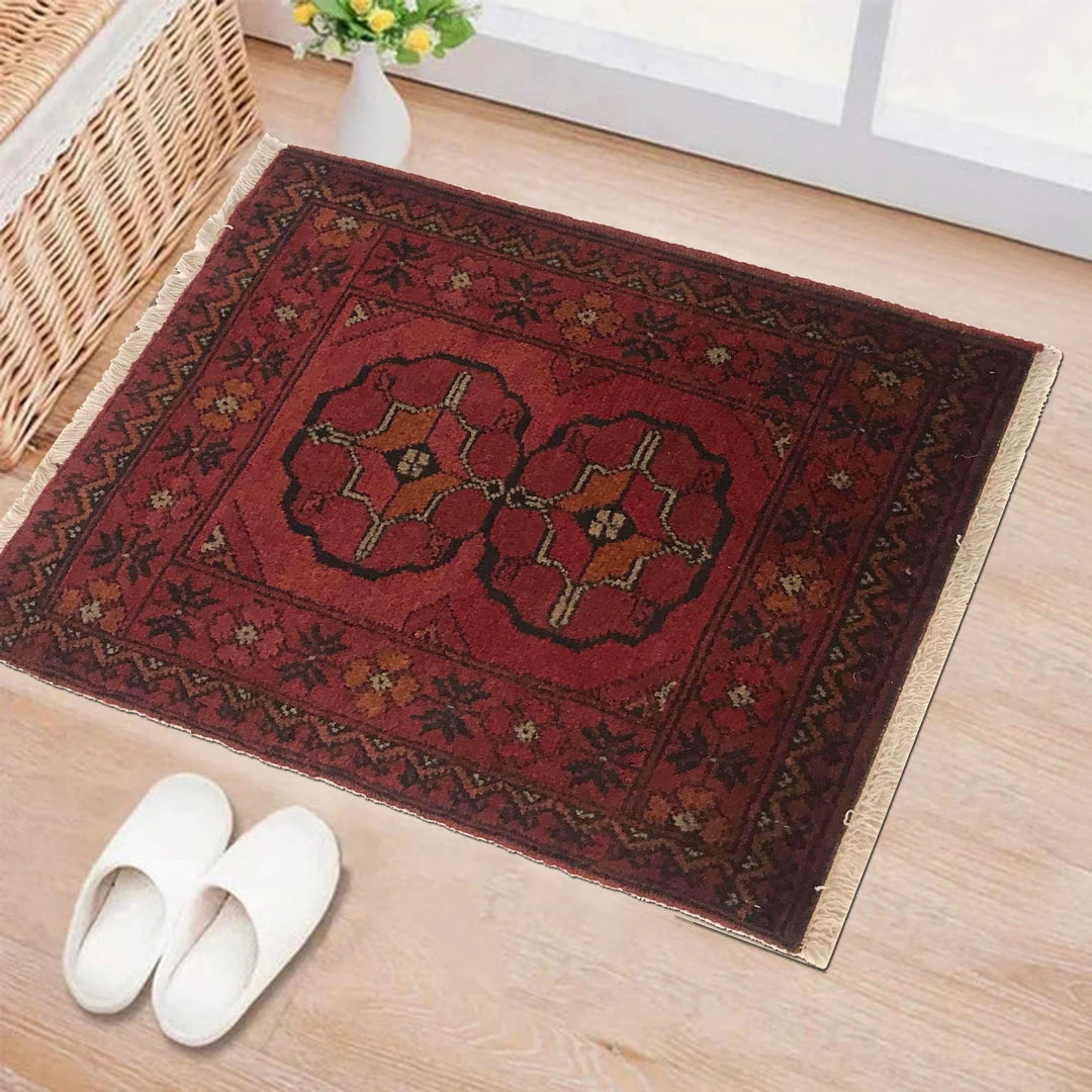 Red Afghan Oriental Doormat 1' 4" x 1' 11" Hand-Knotted | No. AL11978