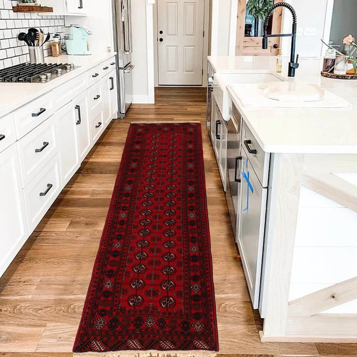 Red Afghan Bokhara Rug 2'6" x 6'3" Hand-Knotted | No. AL12051