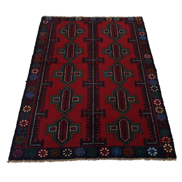 Red Afghan Baluchi Rug 2' 11" x 4' 9" Hand-Knotted | No. AL12125