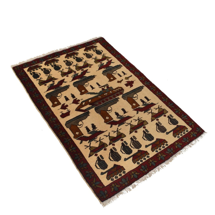 Ivory Afghan War Rug 2' 7" x 4' 0" Hand-Knotted | No. AL12198