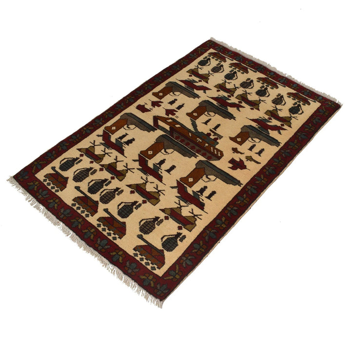 Ivory Afghan War Rug 2' 7" x 4' 0" Hand-Knotted | No. AL12198