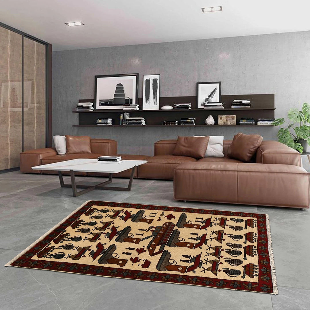 Ivory Afghan War Rug 2' 7" x 4' 0" Hand-Knotted | No. AL12198