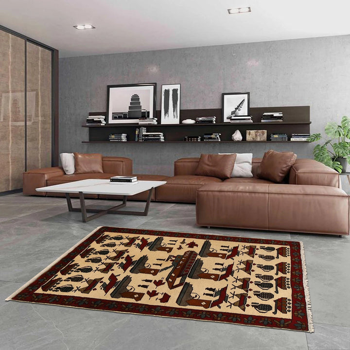 Ivory Afghan War Rug 2' 7" x 4' 0" Hand-Knotted | No. AL12198