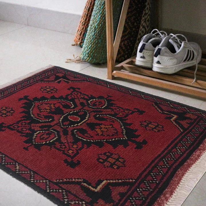 Red Afghan Oriental Doormat 1' 5" x 1' 10" Hand-Knotted | No. AL12254