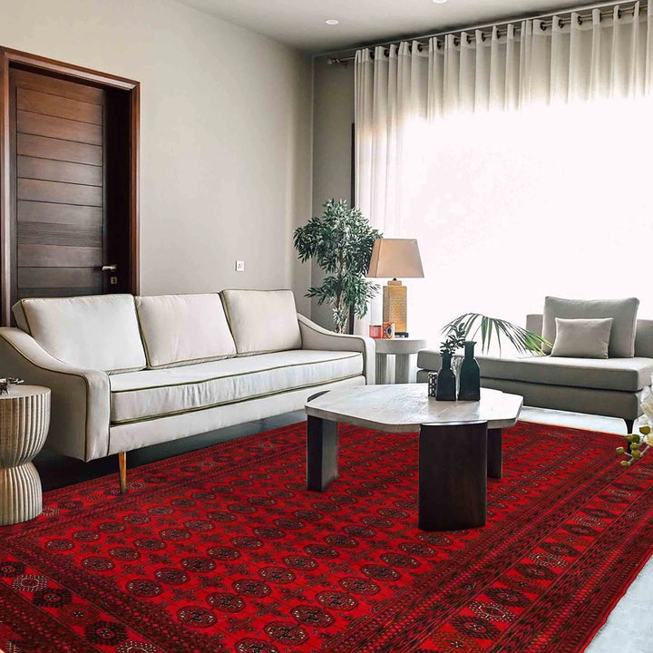 Red Afghan Bokhara Rug 7' 0" x 9' 5" Hand-Knotted | No. AL12257