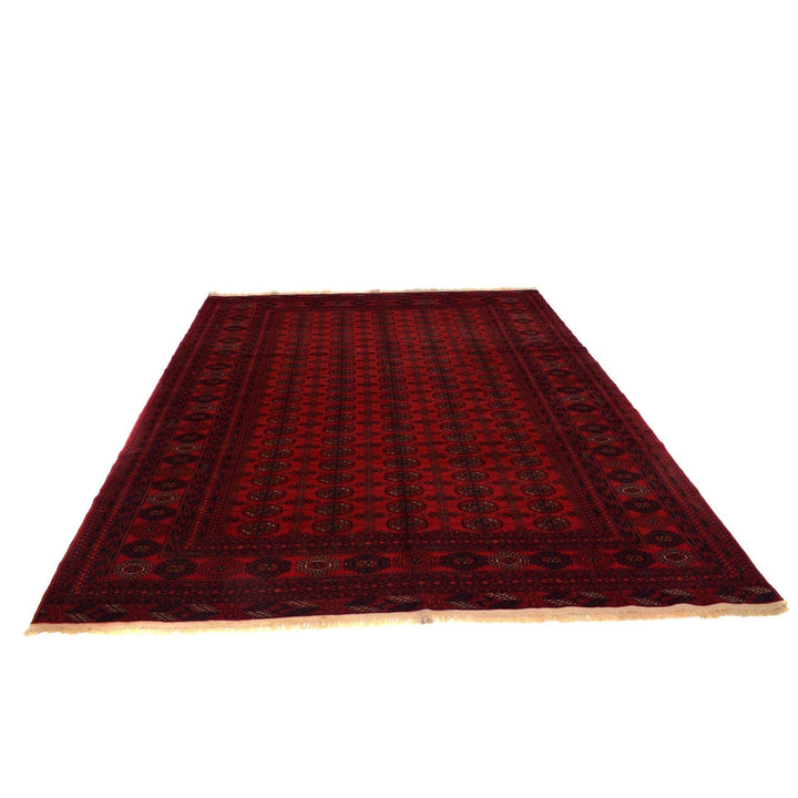 Red Afghan Bokhara Rug 7' 0" x 9' 5" Hand-Knotted | No. AL12257