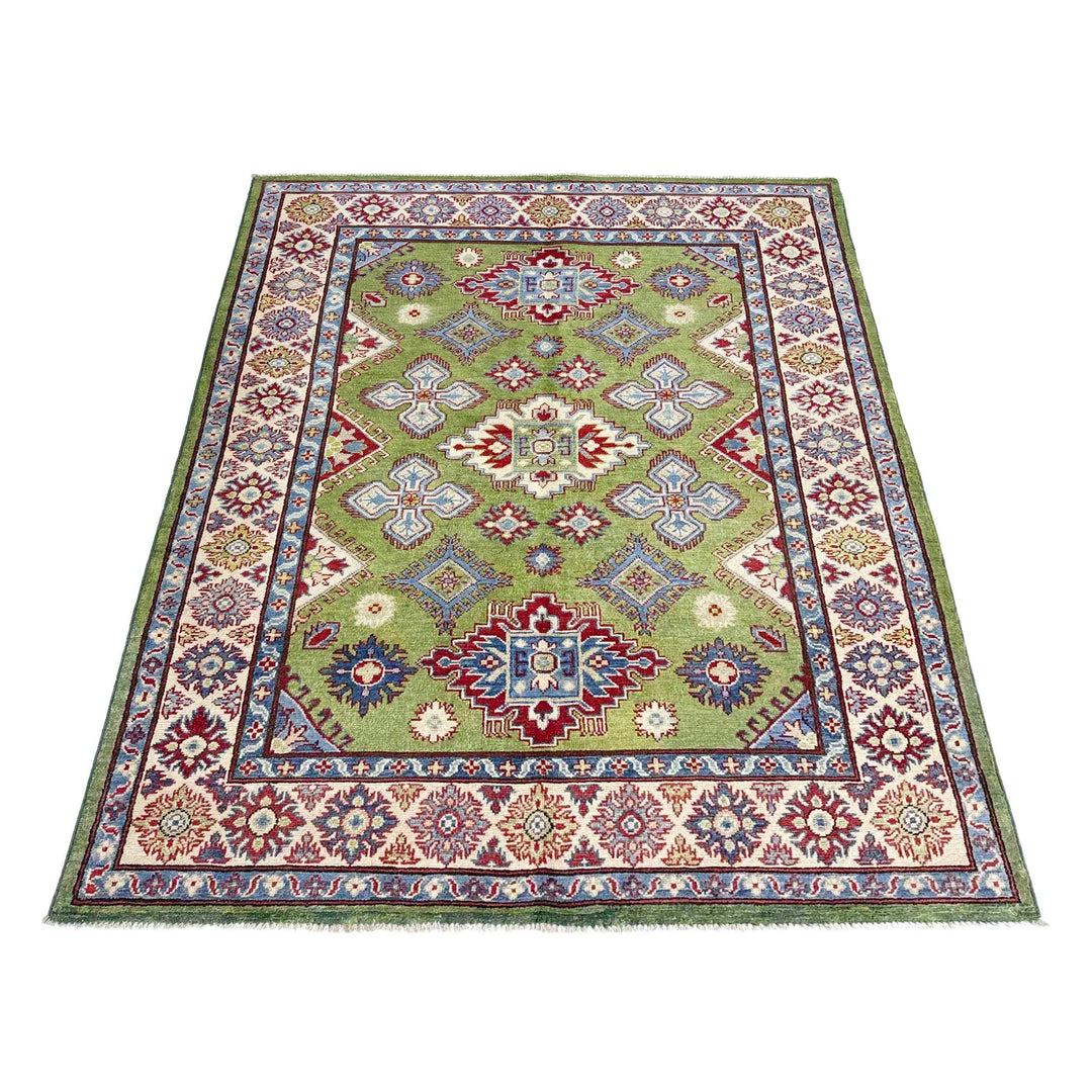 Green Afghan Kazak Rug 5' 0" x 6' 9" Hand-Knotted | No. AL12279