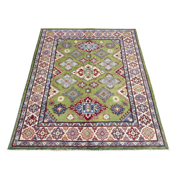 Green Afghan Kazak Rug 5' 0" x 6' 9" Hand-Knotted | No. AL12279
